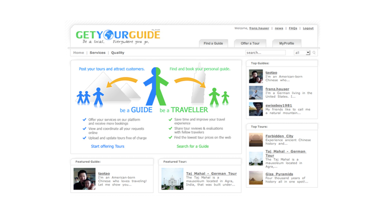 First GetYourGuide website layout