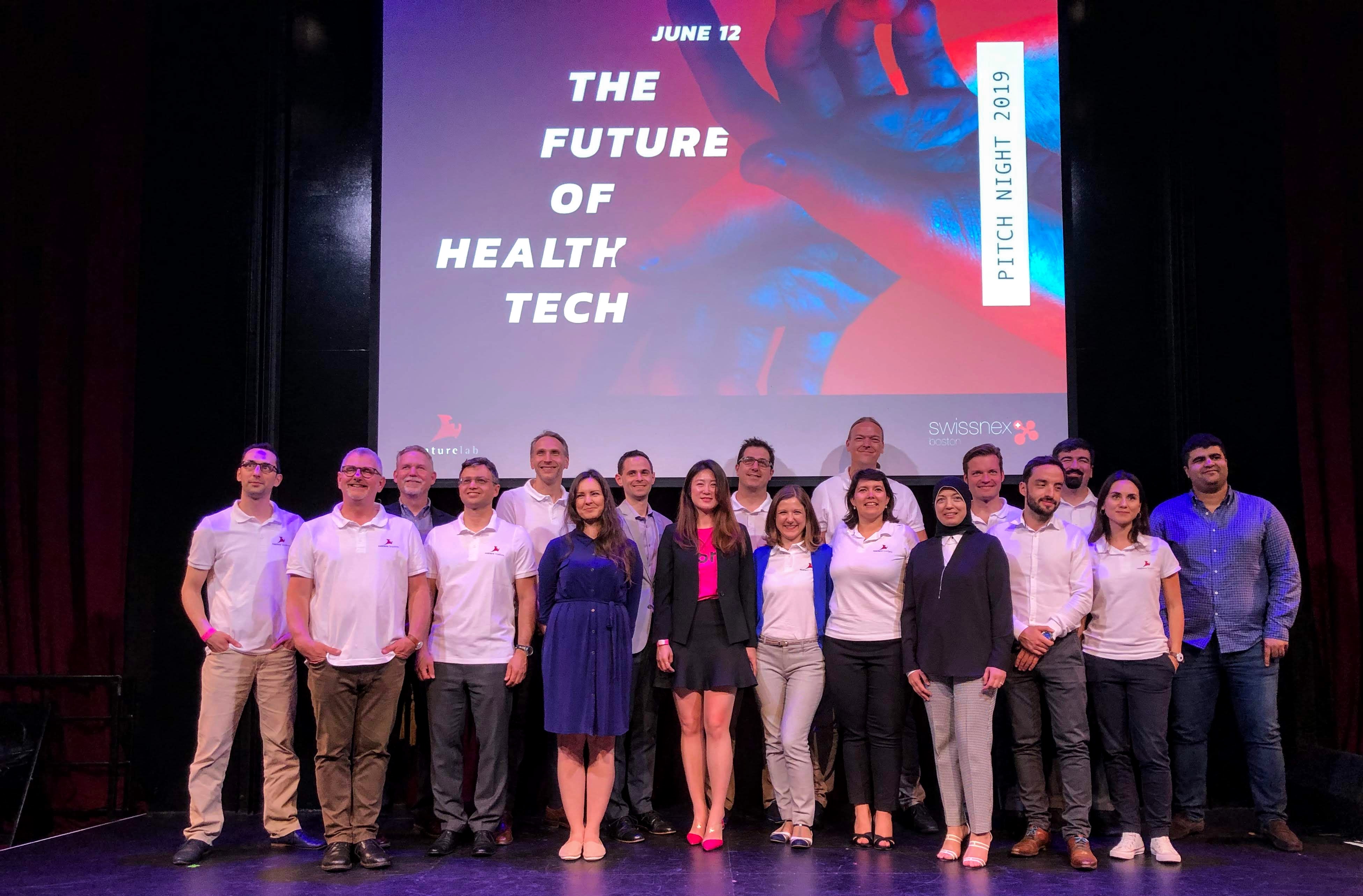 Winners of Switzerland's Venture Leaders Life Sciences 2019 and U.S. startups pose on stage at The Oberon, Cambridge, MA
