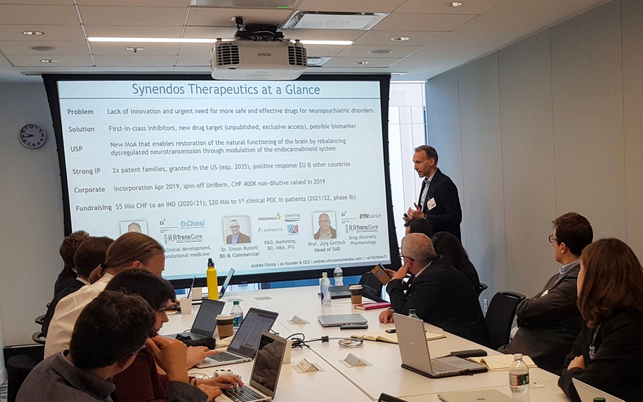 Synendos Therapeutics CEO and co-founder Andrea Chicca pitching.